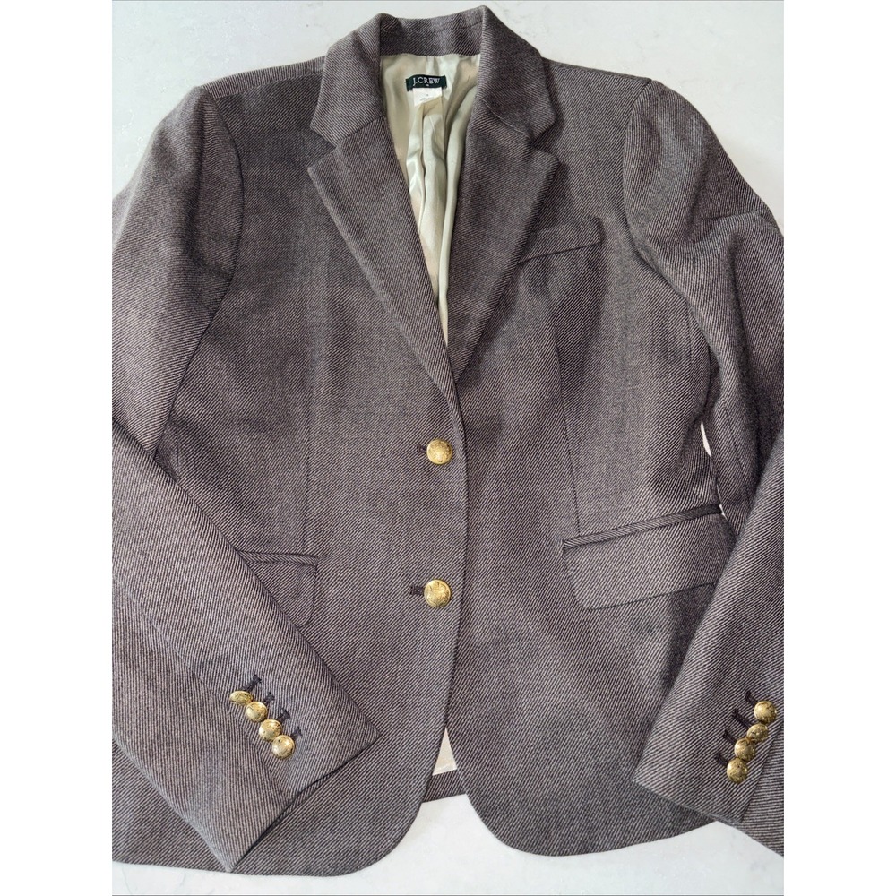 J. Crew Womens 8 Brown Fine Tweedy Herringbone Wool Blazer Brass Buttons Jacket
